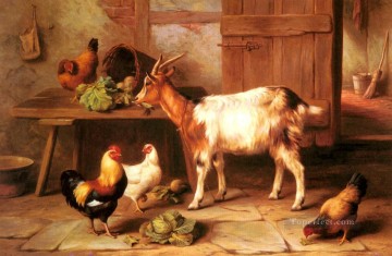  Edgar Peintre - Chèvre et poulets alimentation dans a maison intérieur ferme animaux edgar chasse